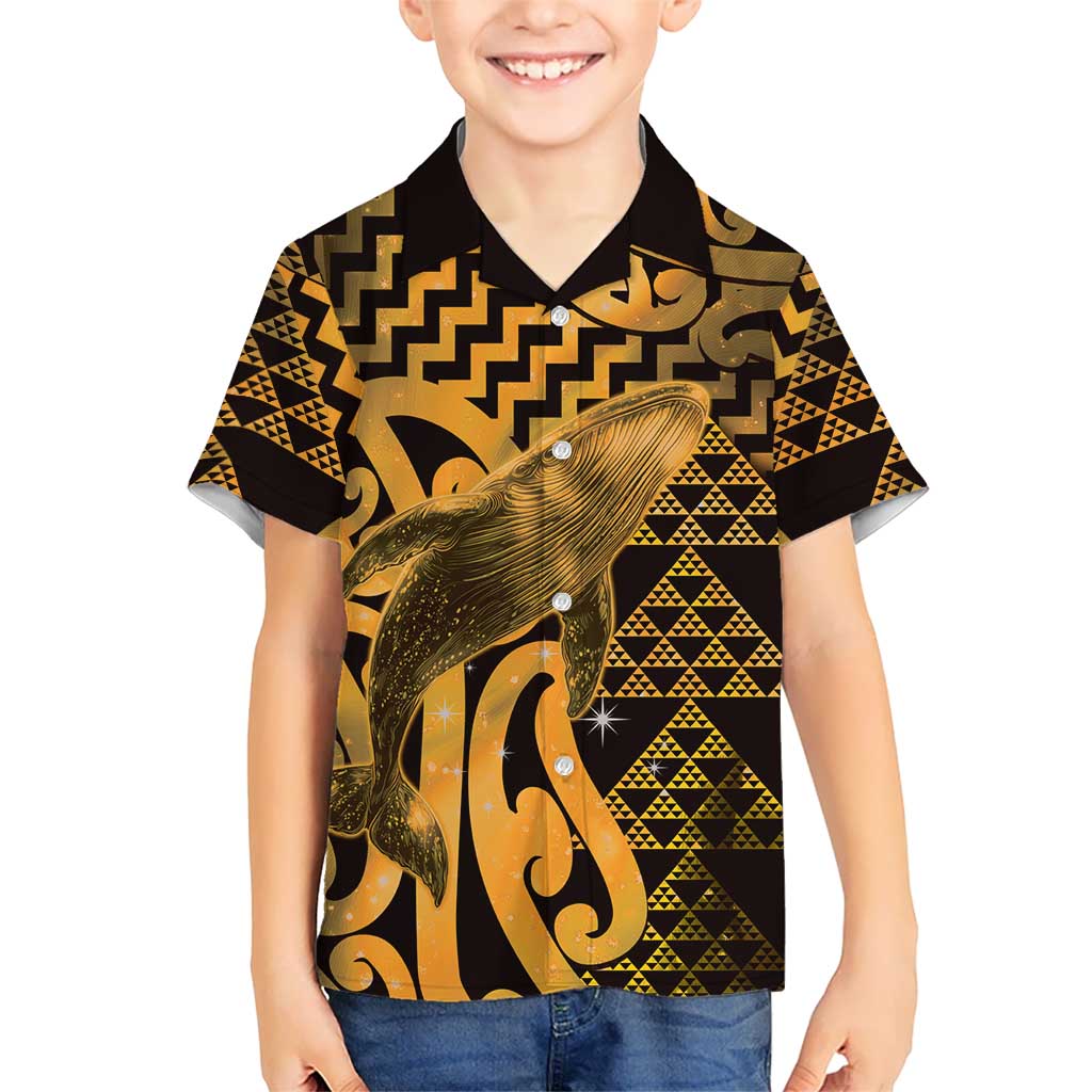 Humpback Whale Matariki New Zealand Family Matching Off Shoulder Maxi Dress and Hawaiian Shirt NZ Maori Paikea Poutama Luxury Gold LT14 Son's Shirt Gold - Polynesian Pride