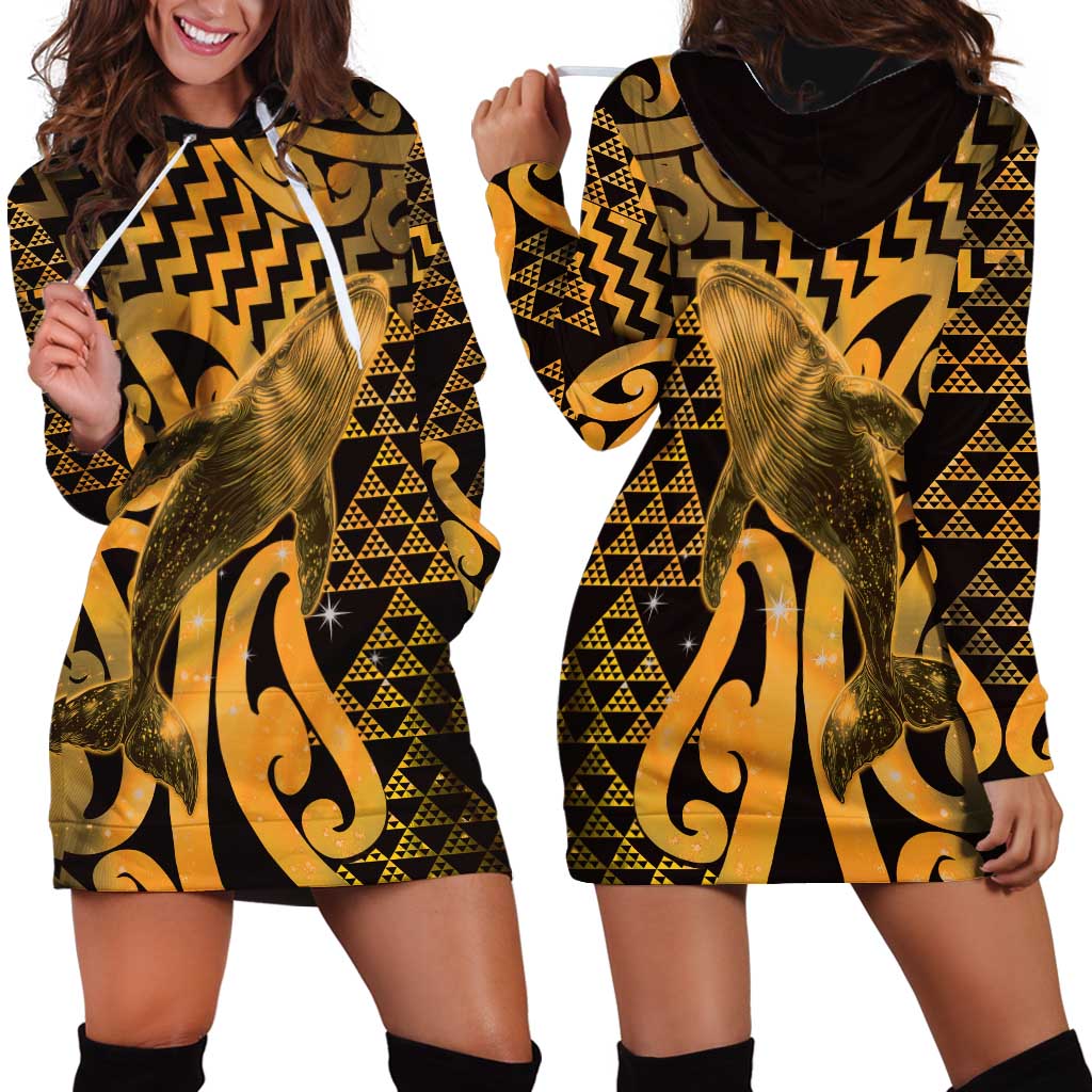 Humpback Whale Matariki New Zealand Hoodie Dress NZ Maori Paikea Poutama Luxury Gold LT14 - Polynesian Pride