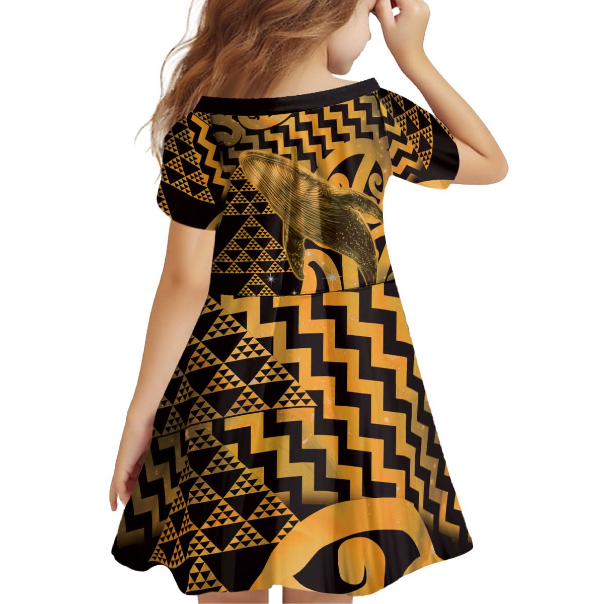 Humpback Whale Matariki New Zealand Kid Short Sleeve Dress NZ Maori Paikea Poutama Luxury Gold LT14 - Polynesian Pride