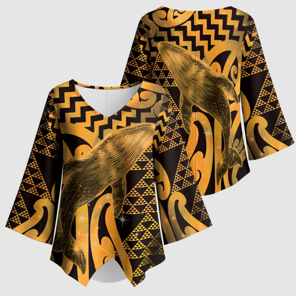 Humpback Whale Matariki New Zealand Kimono Sleeve Blouse NZ Maori Paikea Poutama Luxury Gold LT14 - Polynesian Pride