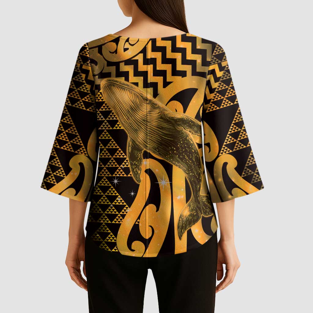 Humpback Whale Matariki New Zealand Kimono Sleeve Blouse NZ Maori Paikea Poutama Luxury Gold LT14 - Polynesian Pride