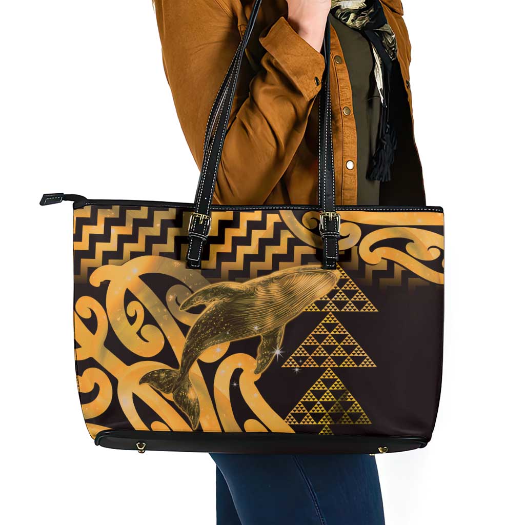 Humpback Whale Matariki New Zealand Leather Tote Bag NZ Maori Paikea Poutama Luxury Gold LT14 - Polynesian Pride