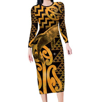 Humpback Whale Matariki New Zealand Long Sleeve Bodycon Dress NZ Maori Paikea Poutama Luxury Gold LT14 Long Dress Gold - Polynesian Pride