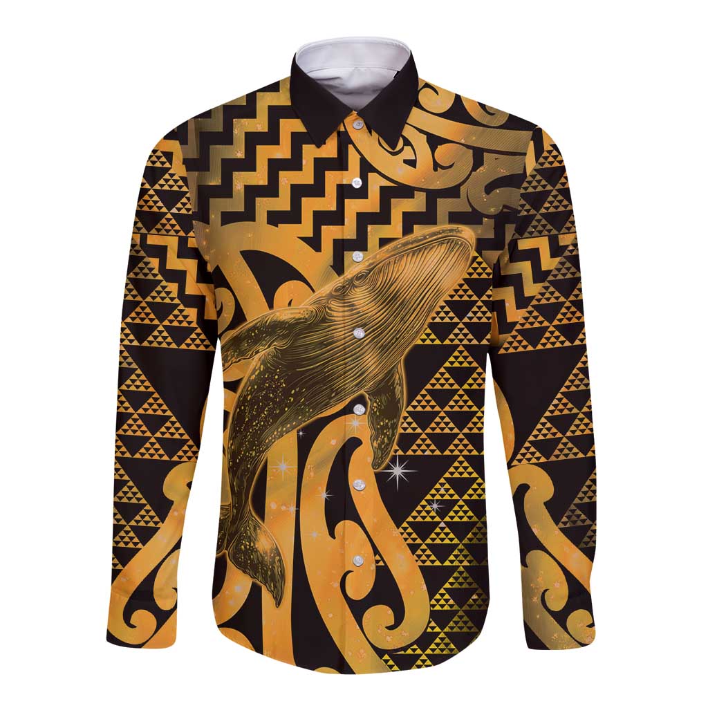 Humpback Whale Matariki New Zealand Long Sleeve Button Shirt NZ Maori Paikea Poutama Luxury Gold LT14 Unisex Gold - Polynesian Pride