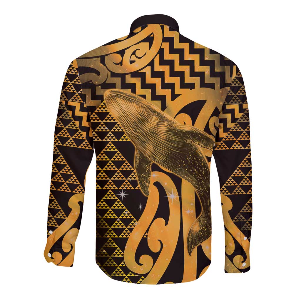 Humpback Whale Matariki New Zealand Long Sleeve Button Shirt NZ Maori Paikea Poutama Luxury Gold LT14 - Polynesian Pride