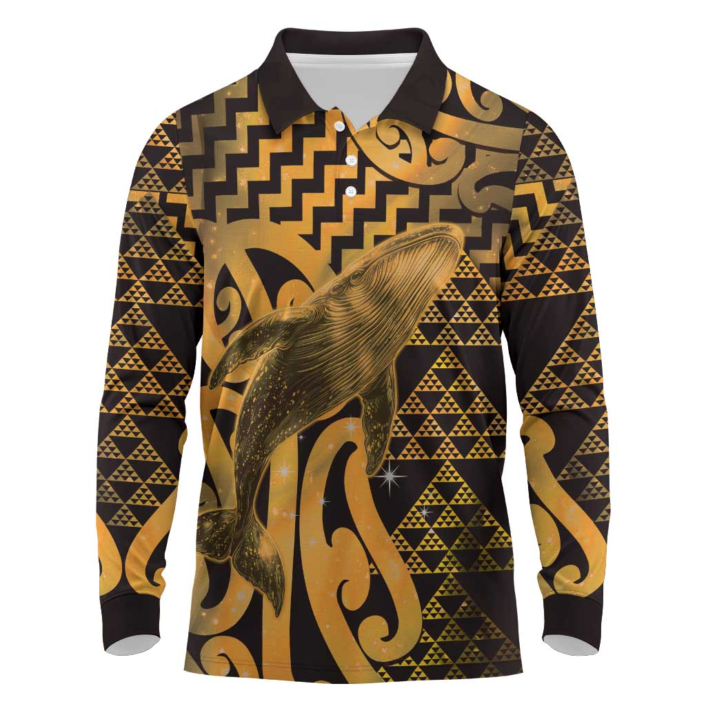 Humpback Whale Matariki New Zealand Long Sleeve Polo Shirt NZ Maori Paikea Poutama Luxury Gold LT14 Gold - Polynesian Pride