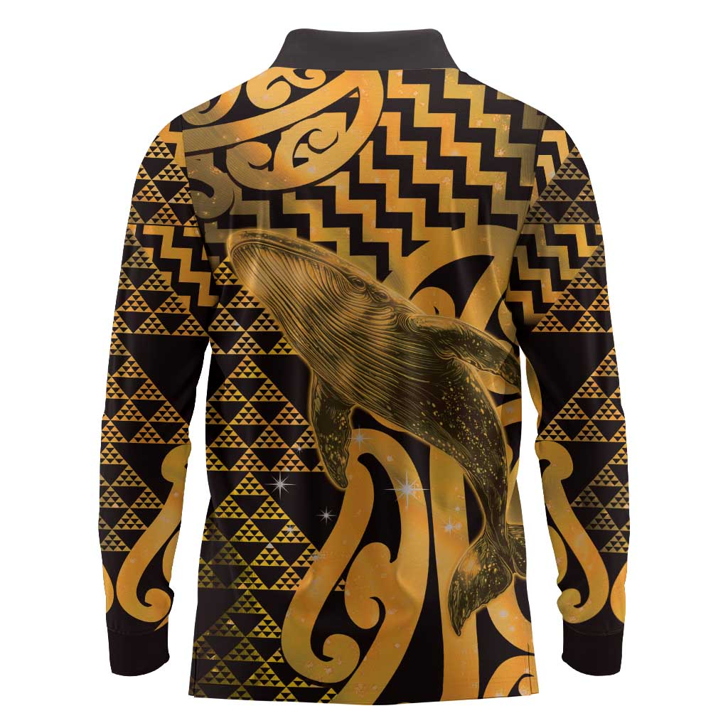 Humpback Whale Matariki New Zealand Long Sleeve Polo Shirt NZ Maori Paikea Poutama Luxury Gold LT14 - Polynesian Pride