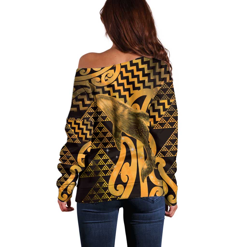 Humpback Whale Matariki New Zealand Off Shoulder Sweater NZ Maori Paikea Poutama Luxury Gold LT14 - Polynesian Pride