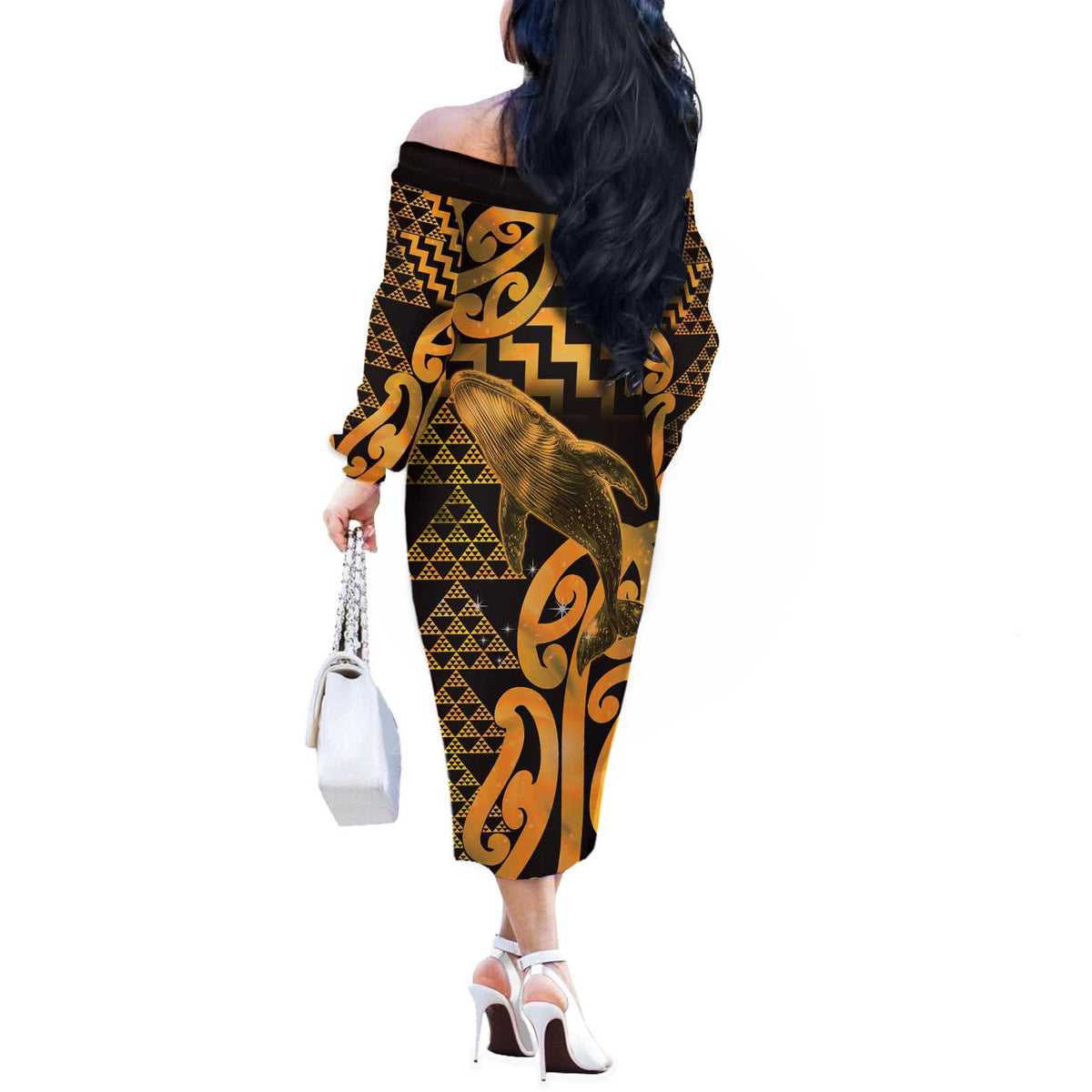 Humpback Whale Matariki New Zealand Off The Shoulder Long Sleeve Dress NZ Maori Paikea Poutama Luxury Gold LT14 - Polynesian Pride