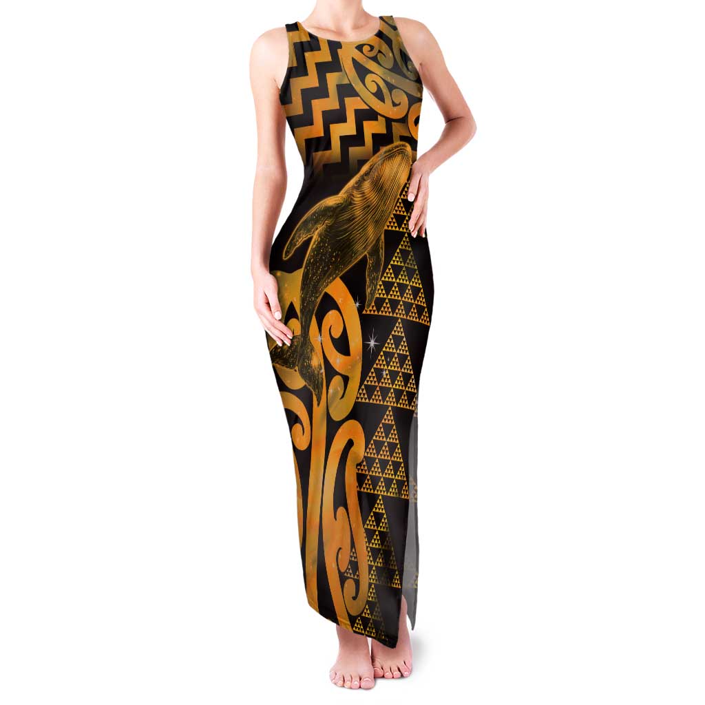 Humpback Whale Matariki New Zealand Tank Maxi Dress NZ Maori Paikea Poutama Luxury Gold LT14 Women Gold - Polynesian Pride