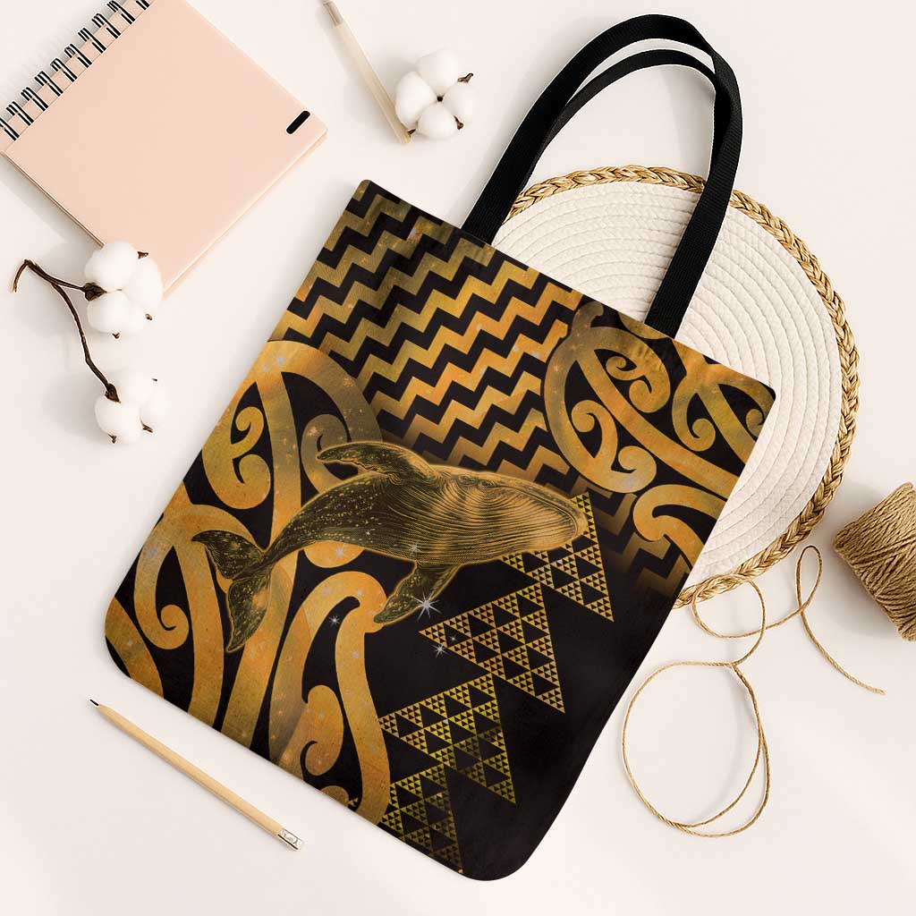Humpback Whale Matariki New Zealand Tote Bag NZ Maori Paikea Poutama Luxury Gold LT14 Black Strap One Size Gold - Polynesian Pride