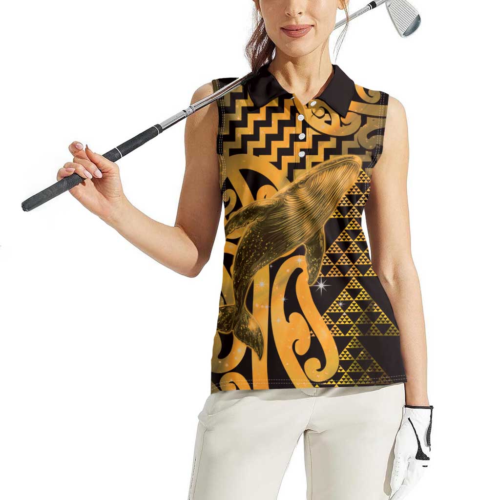 Humpback Whale Matariki New Zealand Women Sleeveless Polo Shirt NZ Maori Paikea Poutama Luxury Gold LT14 - Polynesian Pride
