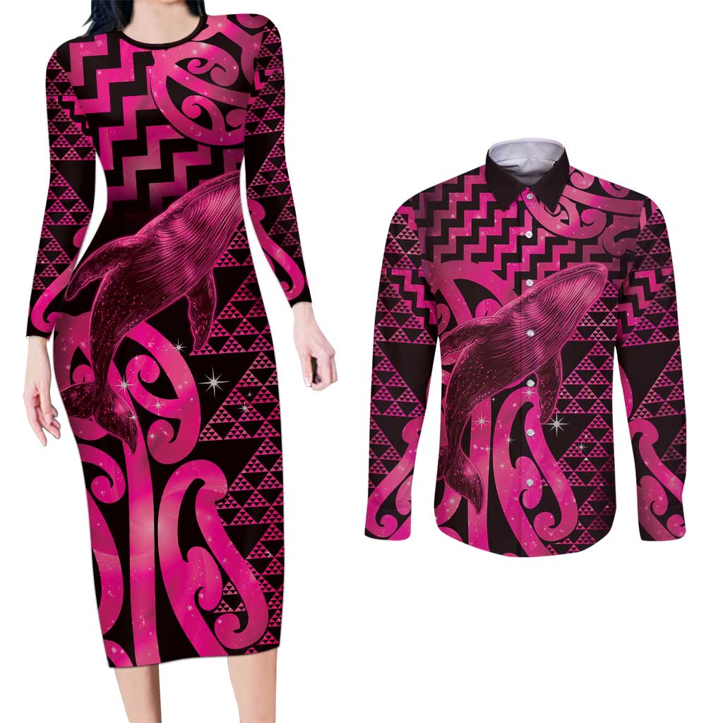 Humpback Whale Matariki New Zealand Couples Matching Long Sleeve Bodycon Dress and Long Sleeve Button Shirt NZ Maori Paikea Poutama Luxury Pink LT14 Pink - Polynesian Pride
