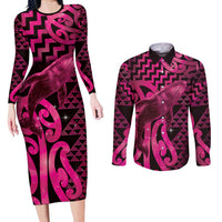 Humpback Whale Matariki New Zealand Couples Matching Long Sleeve Bodycon Dress and Long Sleeve Button Shirt NZ Maori Paikea Poutama Luxury Pink LT14 Pink - Polynesian Pride