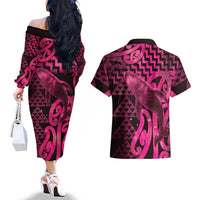 Humpback Whale Matariki New Zealand Couples Matching Off The Shoulder Long Sleeve Dress and Hawaiian Shirt NZ Maori Paikea Poutama Luxury Pink LT14 - Polynesian Pride