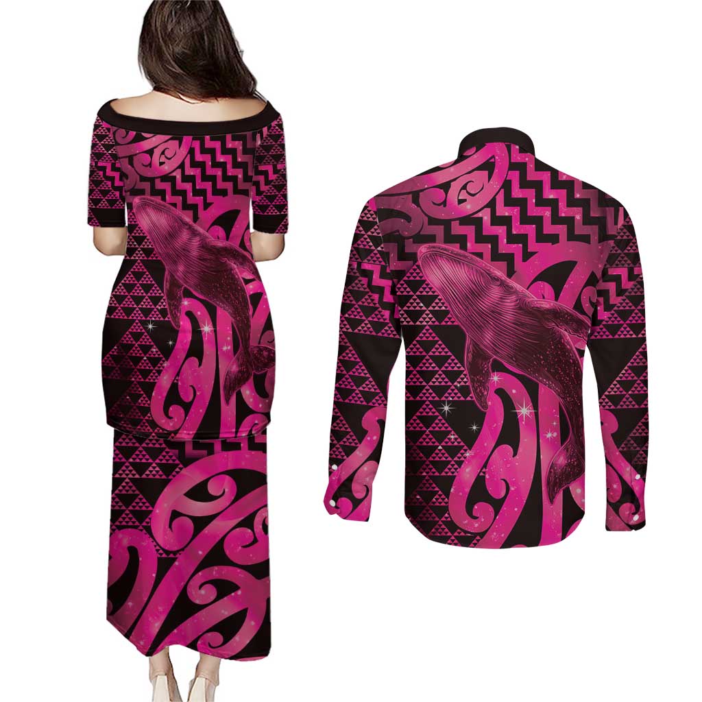 Humpback Whale Matariki New Zealand Couples Matching Puletasi and Long Sleeve Button Shirt NZ Maori Paikea Poutama Luxury Pink LT14 - Polynesian Pride