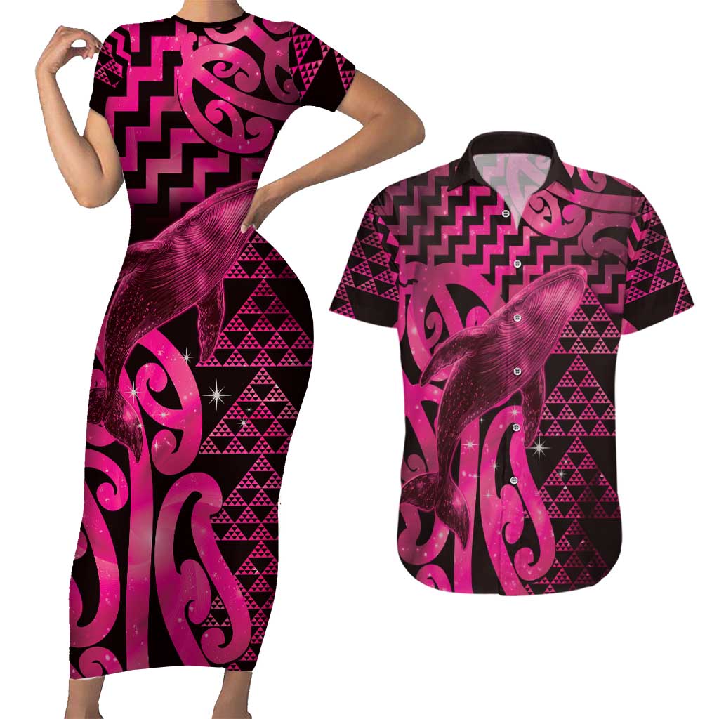 Humpback Whale Matariki New Zealand Couples Matching Short Sleeve Bodycon Dress and Hawaiian Shirt NZ Maori Paikea Poutama Luxury Pink LT14 Pink - Polynesian Pride