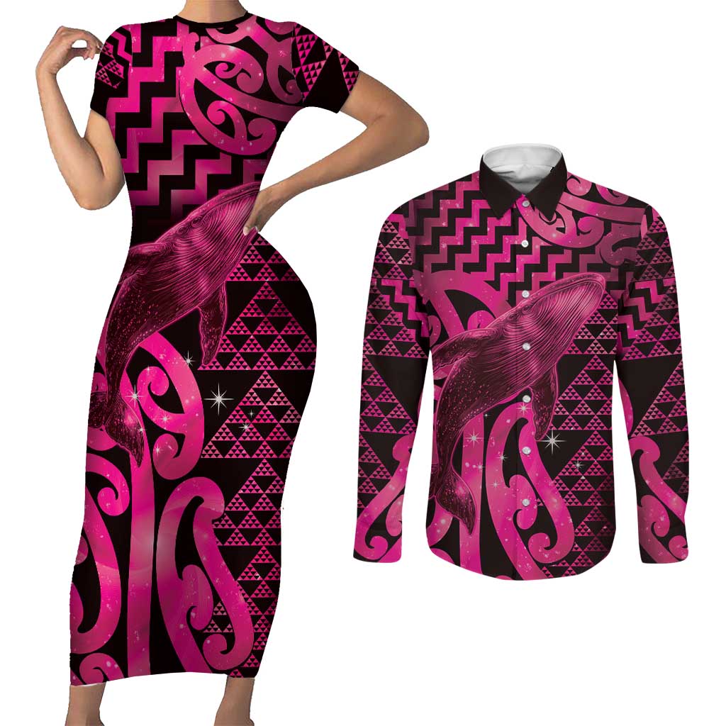 Humpback Whale Matariki New Zealand Couples Matching Short Sleeve Bodycon Dress and Long Sleeve Button Shirt NZ Maori Paikea Poutama Luxury Pink LT14 Pink - Polynesian Pride