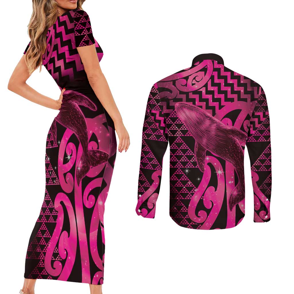Humpback Whale Matariki New Zealand Couples Matching Short Sleeve Bodycon Dress and Long Sleeve Button Shirt NZ Maori Paikea Poutama Luxury Pink LT14 - Polynesian Pride