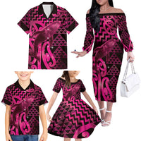 Humpback Whale Matariki New Zealand Family Matching Off The Shoulder Long Sleeve Dress and Hawaiian Shirt NZ Maori Paikea Poutama Luxury Pink LT14 - Polynesian Pride