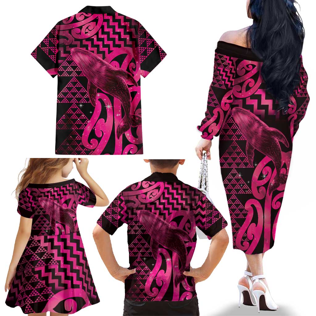 Humpback Whale Matariki New Zealand Family Matching Off The Shoulder Long Sleeve Dress and Hawaiian Shirt NZ Maori Paikea Poutama Luxury Pink LT14 - Polynesian Pride