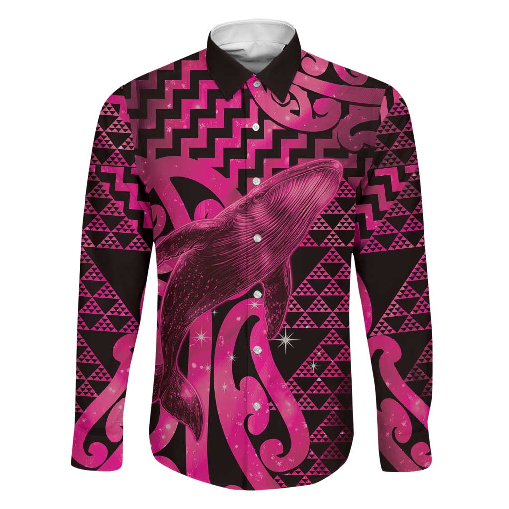 Humpback Whale Matariki New Zealand Family Matching Off The Shoulder Long Sleeve Dress and Hawaiian Shirt NZ Maori Paikea Poutama Luxury Pink LT14 Dad's Shirt - Long Sleeve Pink - Polynesian Pride