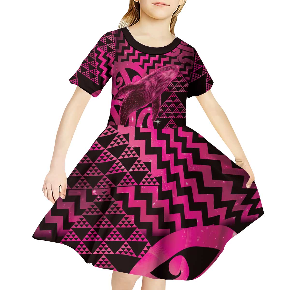 Humpback Whale Matariki New Zealand Kid Short Sleeve Dress NZ Maori Paikea Poutama Luxury Pink LT14 - Polynesian Pride