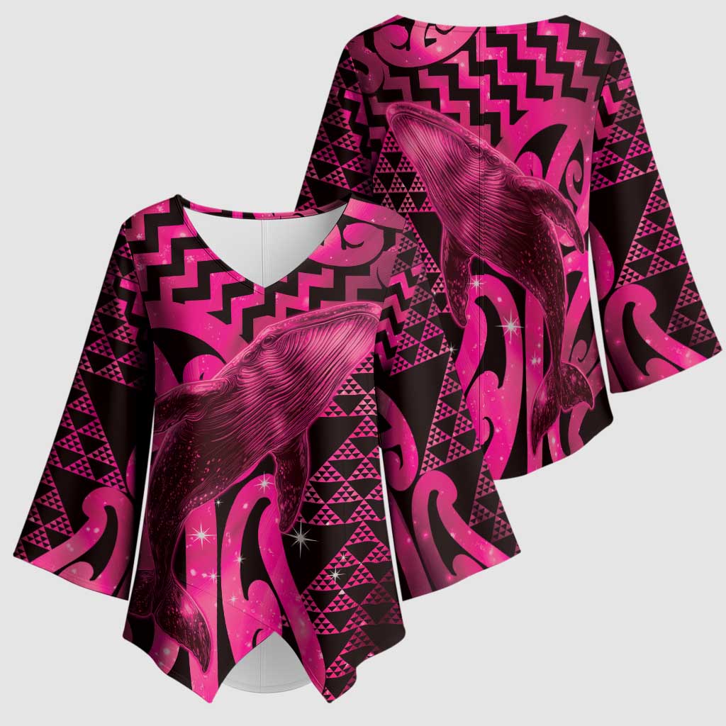 Humpback Whale Matariki New Zealand Kimono Sleeve Blouse NZ Maori Paikea Poutama Luxury Pink LT14 - Polynesian Pride