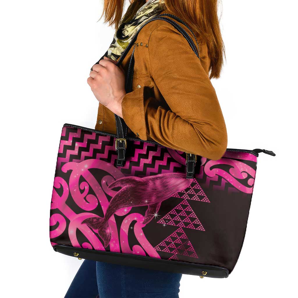 Humpback Whale Matariki New Zealand Leather Tote Bag NZ Maori Paikea Poutama Luxury Pink LT14 Pink - Polynesian Pride