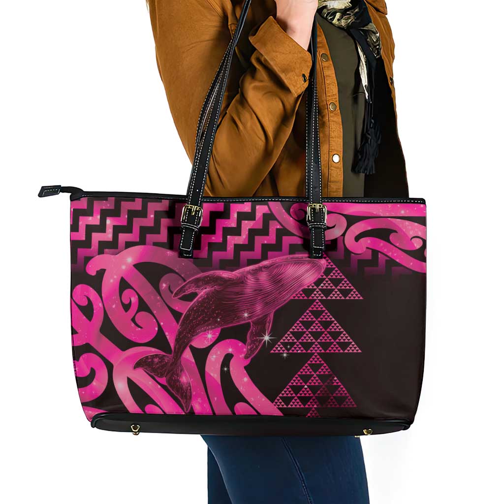 Humpback Whale Matariki New Zealand Leather Tote Bag NZ Maori Paikea Poutama Luxury Pink LT14 - Polynesian Pride