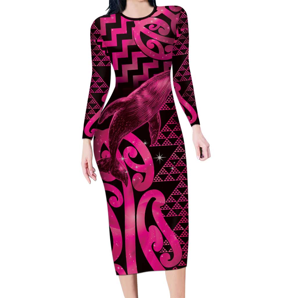Humpback Whale Matariki New Zealand Long Sleeve Bodycon Dress NZ Maori Paikea Poutama Luxury Pink LT14 Long Dress Pink - Polynesian Pride