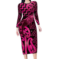 Humpback Whale Matariki New Zealand Long Sleeve Bodycon Dress NZ Maori Paikea Poutama Luxury Pink LT14 Long Dress Pink - Polynesian Pride