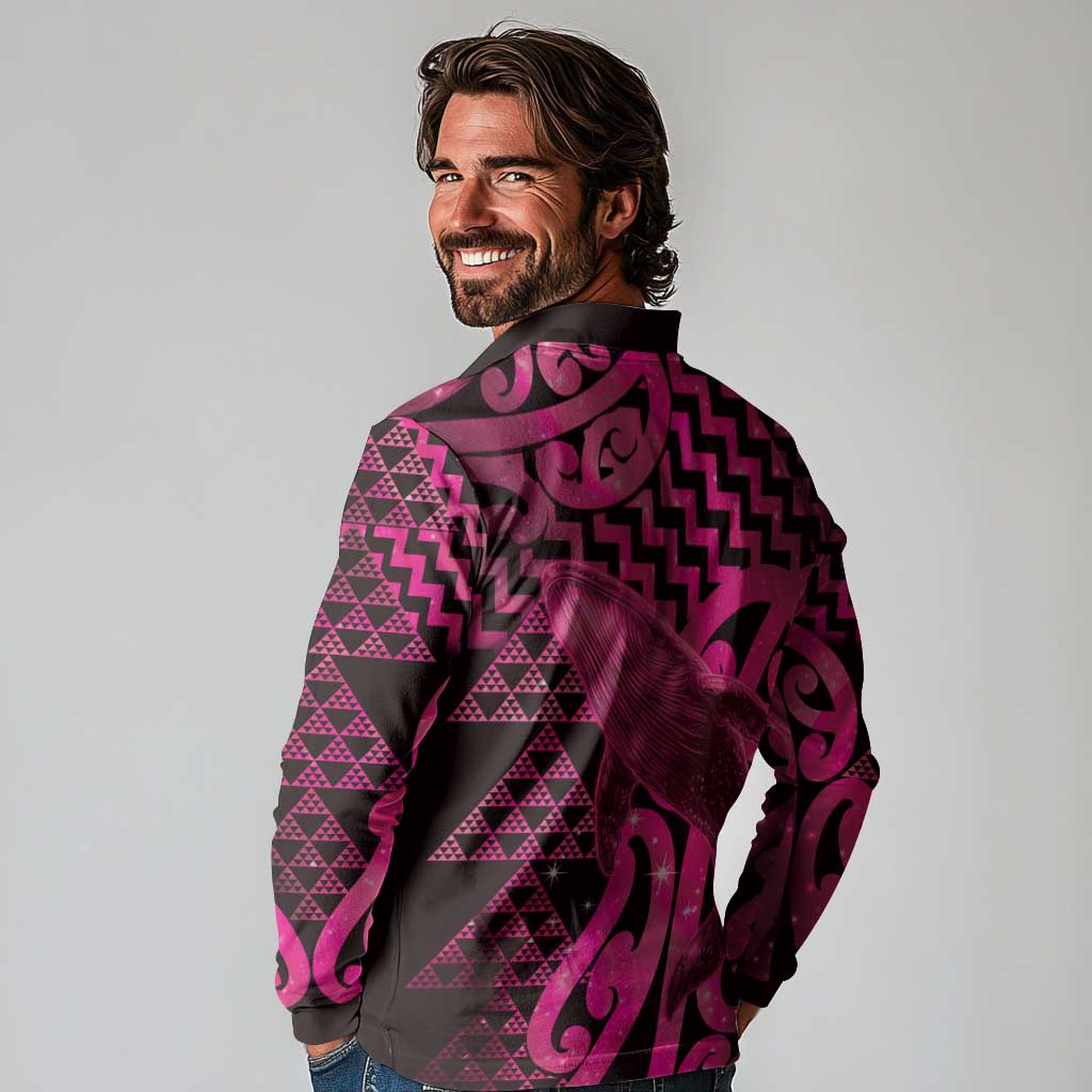 Humpback Whale Matariki New Zealand Long Sleeve Polo Shirt NZ Maori Paikea Poutama Luxury Pink LT14 - Polynesian Pride