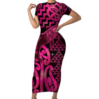 Humpback Whale Matariki New Zealand Short Sleeve Bodycon Dress NZ Maori Paikea Poutama Luxury Pink LT14 Long Dress Pink - Polynesian Pride