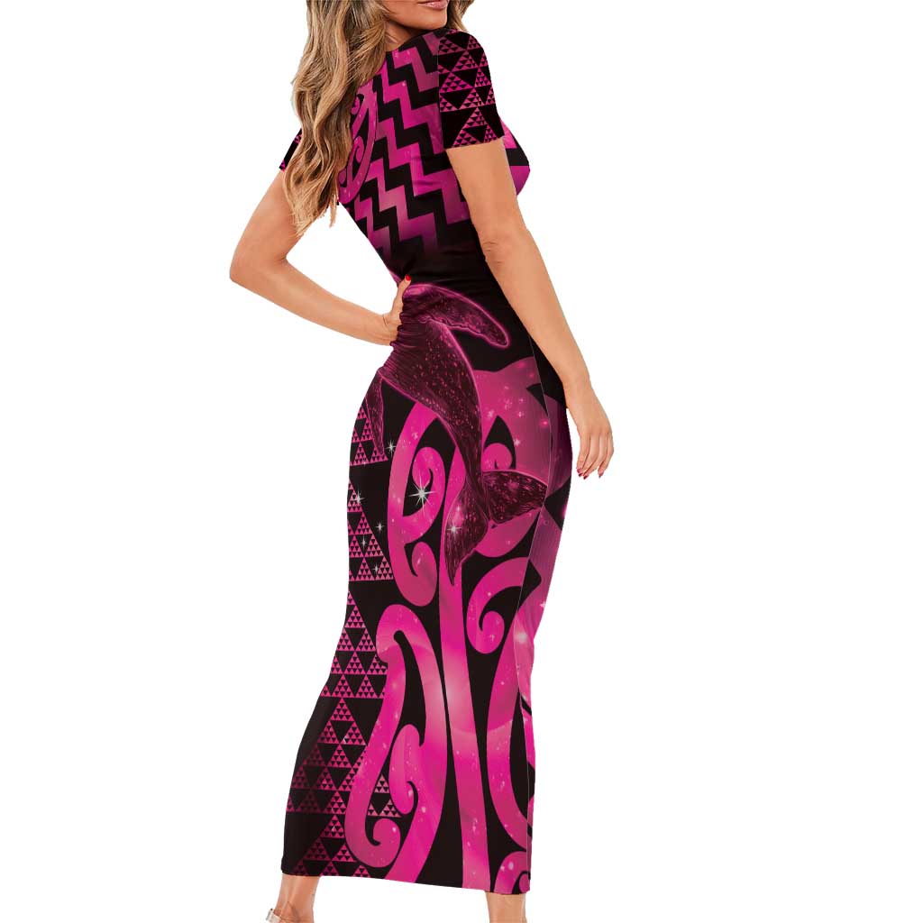 Humpback Whale Matariki New Zealand Short Sleeve Bodycon Dress NZ Maori Paikea Poutama Luxury Pink LT14 - Polynesian Pride