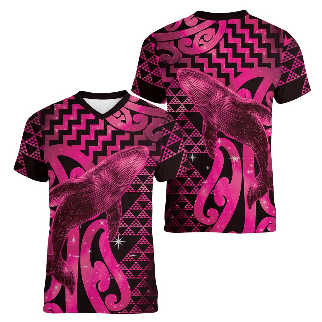 Humpback Whale Matariki New Zealand Women V-Neck T-Shirt NZ Maori Paikea Poutama Luxury Pink LT14 - Polynesian Pride