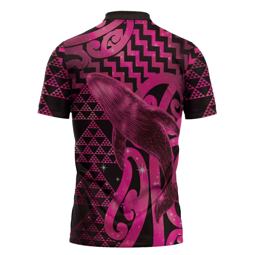 Humpback Whale Matariki New Zealand Zipper Polo Shirt NZ Maori Paikea Poutama Luxury Pink LT14 - Polynesian Pride