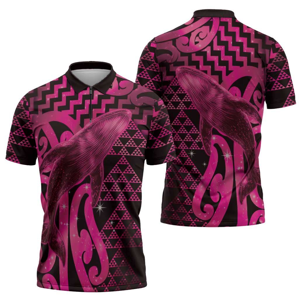 Humpback Whale Matariki New Zealand Zipper Polo Shirt NZ Maori Paikea Poutama Luxury Pink LT14 - Polynesian Pride