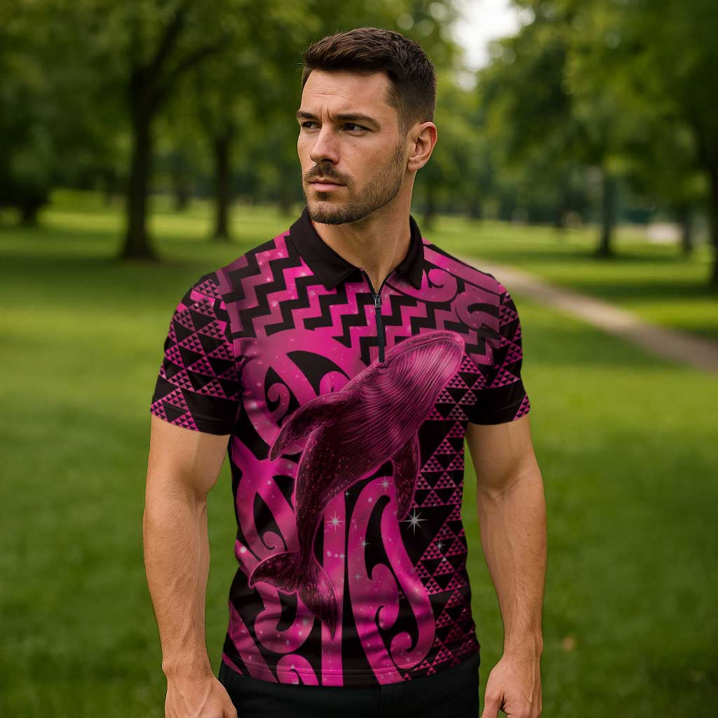 Humpback Whale Matariki New Zealand Zipper Polo Shirt NZ Maori Paikea Poutama Luxury Pink LT14 - Polynesian Pride
