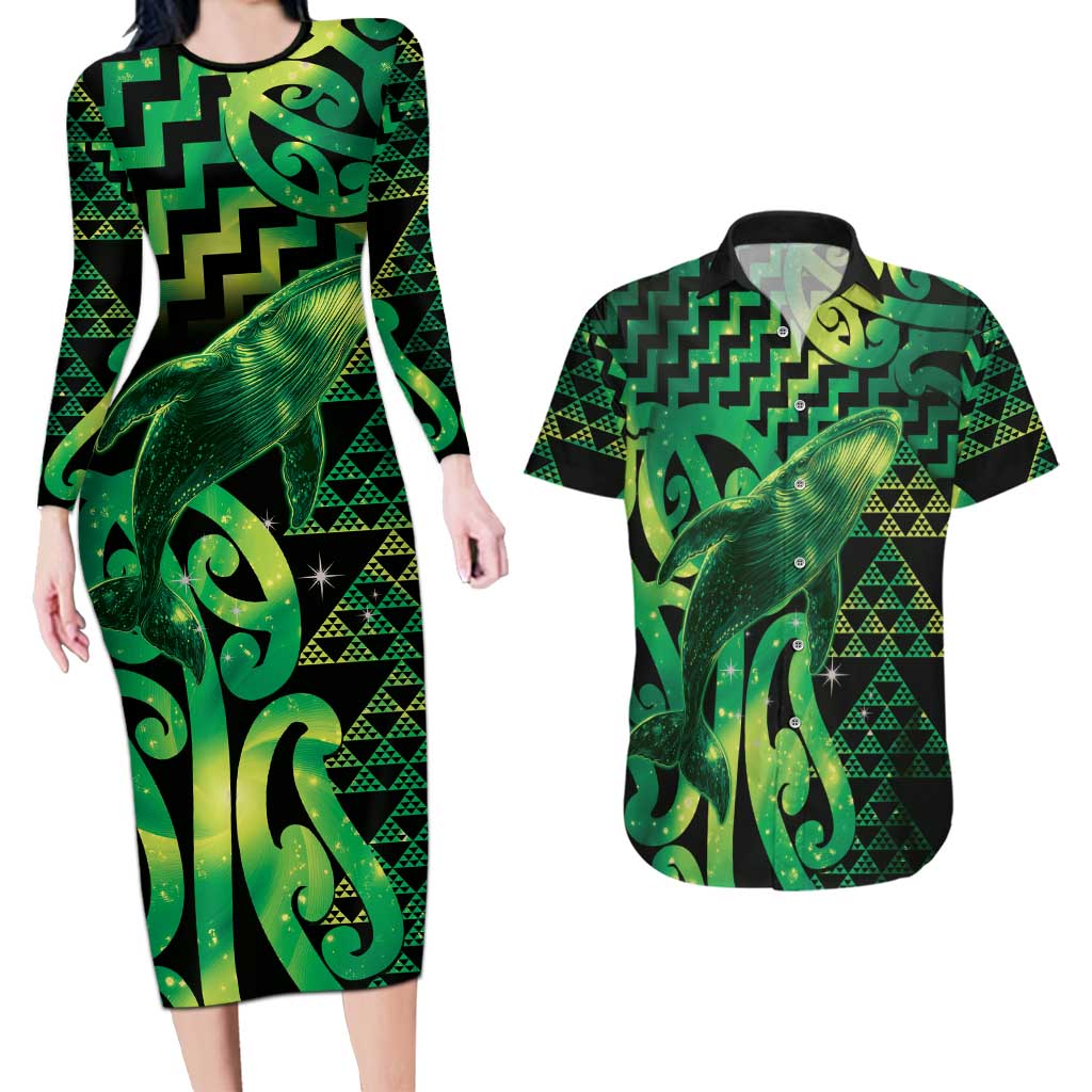 Humpback Whale Matariki New Zealand Couples Matching Long Sleeve Bodycon Dress and Hawaiian Shirt NZ Maori Paikea Poutama Luxury Green LT14 Green - Polynesian Pride