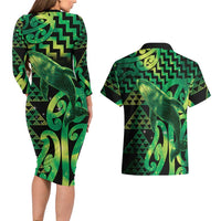 Humpback Whale Matariki New Zealand Couples Matching Long Sleeve Bodycon Dress and Hawaiian Shirt NZ Maori Paikea Poutama Luxury Green LT14 - Polynesian Pride