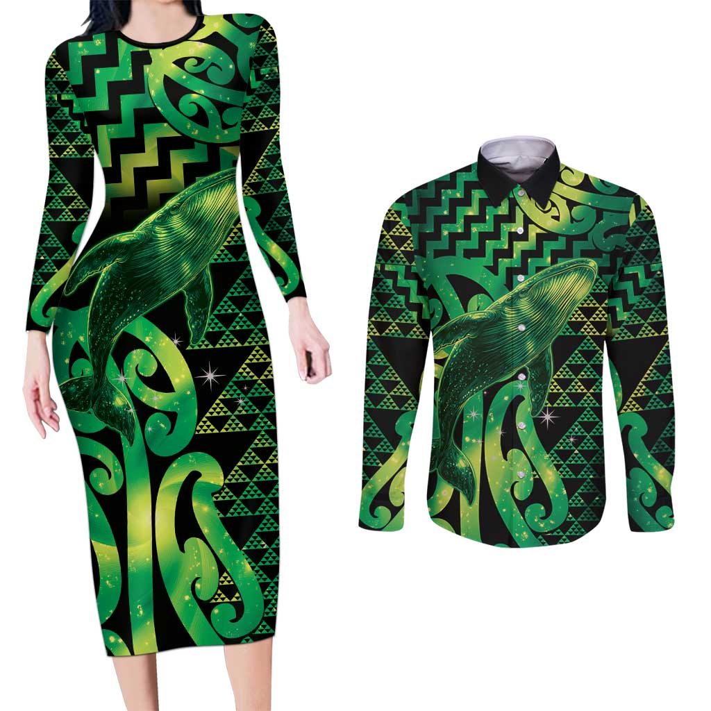 Humpback Whale Matariki New Zealand Couples Matching Long Sleeve Bodycon Dress and Long Sleeve Button Shirt NZ Maori Paikea Poutama Luxury Green LT14 Green - Polynesian Pride