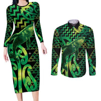 Humpback Whale Matariki New Zealand Couples Matching Long Sleeve Bodycon Dress and Long Sleeve Button Shirt NZ Maori Paikea Poutama Luxury Green LT14 Green - Polynesian Pride