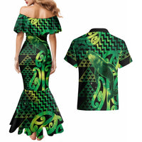 Humpback Whale Matariki New Zealand Couples Matching Mermaid Dress and Hawaiian Shirt NZ Maori Paikea Poutama Luxury Green LT14 - Polynesian Pride
