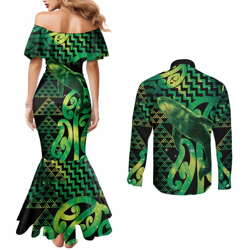 Humpback Whale Matariki New Zealand Couples Matching Mermaid Dress and Long Sleeve Button Shirt NZ Maori Paikea Poutama Luxury Green LT14 - Polynesian Pride