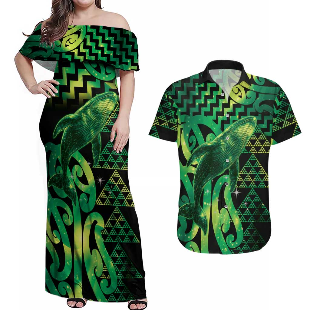 Humpback Whale Matariki New Zealand Couples Matching Off Shoulder Maxi Dress and Hawaiian Shirt NZ Maori Paikea Poutama Luxury Green LT14 Green - Polynesian Pride