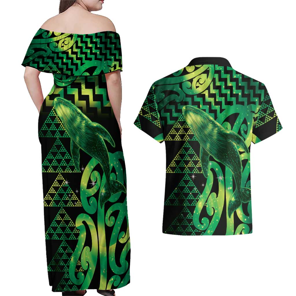 Humpback Whale Matariki New Zealand Couples Matching Off Shoulder Maxi Dress and Hawaiian Shirt NZ Maori Paikea Poutama Luxury Green LT14 - Polynesian Pride