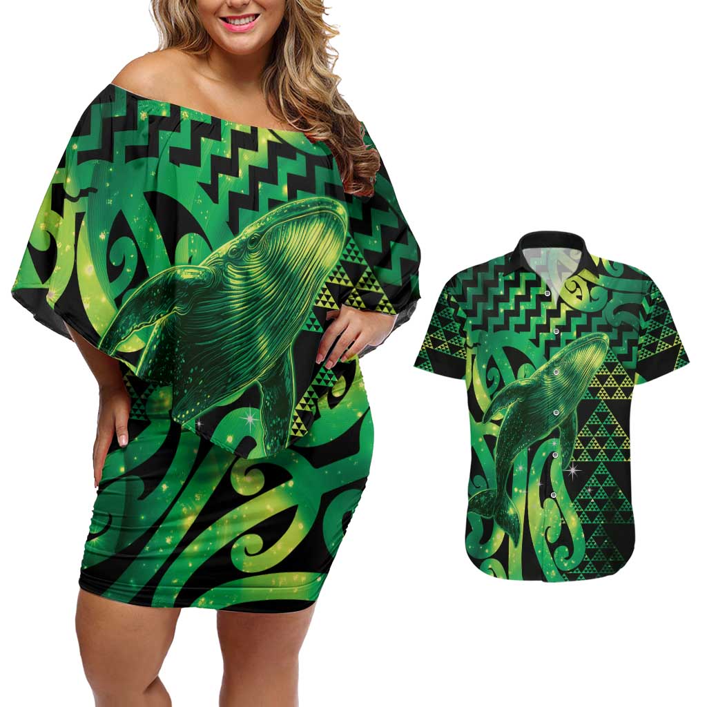 Humpback Whale Matariki New Zealand Couples Matching Off Shoulder Short Dress and Hawaiian Shirt NZ Maori Paikea Poutama Luxury Green LT14 Green - Polynesian Pride