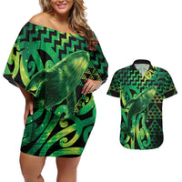 Humpback Whale Matariki New Zealand Couples Matching Off Shoulder Short Dress and Hawaiian Shirt NZ Maori Paikea Poutama Luxury Green LT14 Green - Polynesian Pride