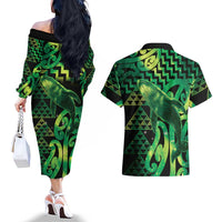 Humpback Whale Matariki New Zealand Couples Matching Off The Shoulder Long Sleeve Dress and Hawaiian Shirt NZ Maori Paikea Poutama Luxury Green LT14 - Polynesian Pride